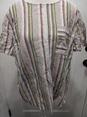 Liz Claiborne Women Striped Short Sleeve Top Shirt Blouse Linen Blend